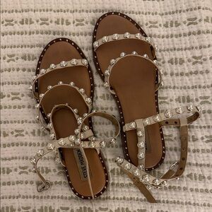 Steve Madden Tan Pearl-Studded Strappy Sandals